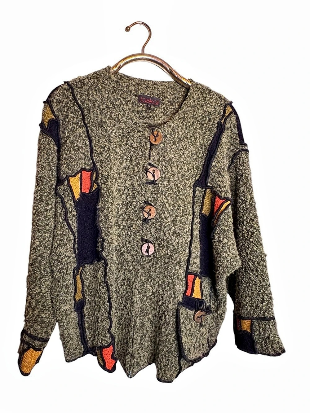 Jaskar VINTAGE  Olive Green Color Block Artsy Wool Blend Cardigan/Pullover sz XL